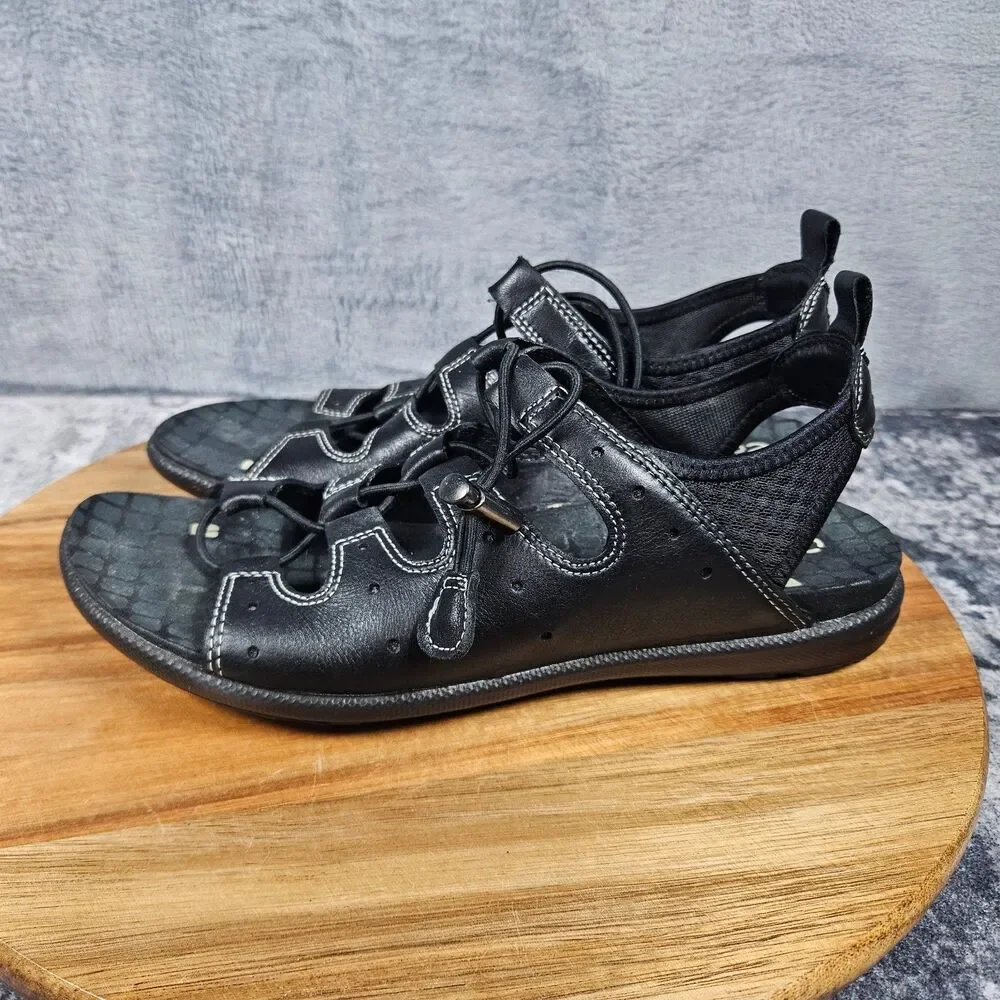 ECCO Jab Toggle Gladiator Sandals Women 38 US 7.5 Black Leather Bungee Fisherman